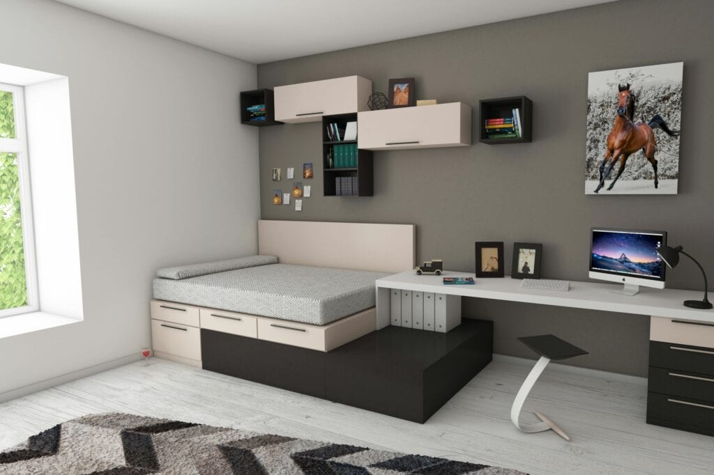 A bedroom with a workstation in a modern house