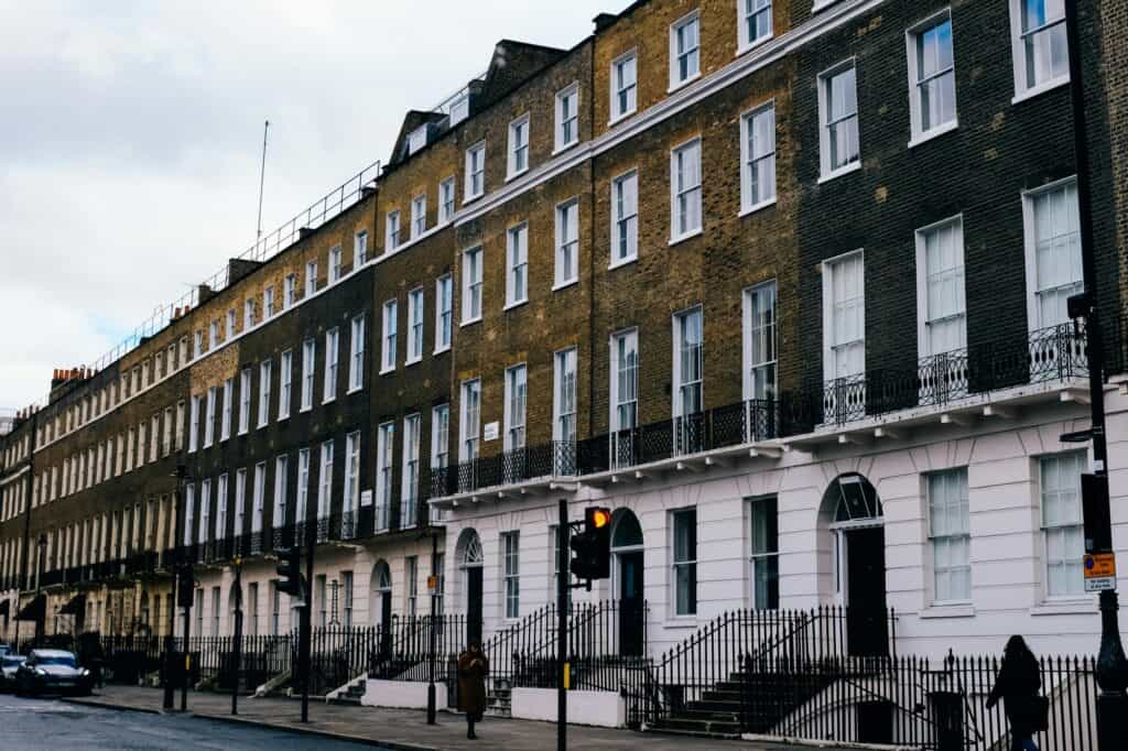 Huge brick townhouses in the concept of affordable housing options in South London