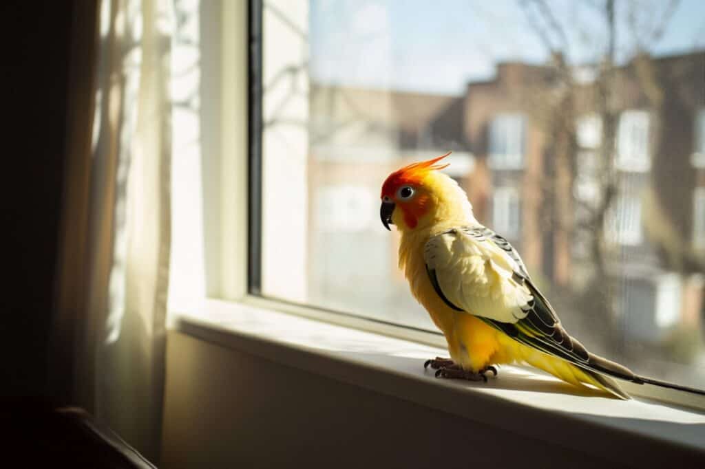 Domesticated bird on the window pane in the concept of 'Managing Pet Transportation When Moving House to South London'.